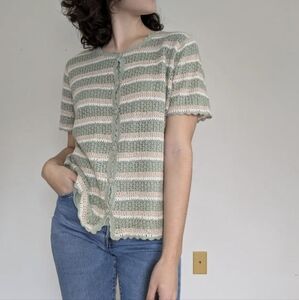 NWOT Vintage Croft & Barrow Green Pink White Knit Crochet Short Sleeve Cardigan